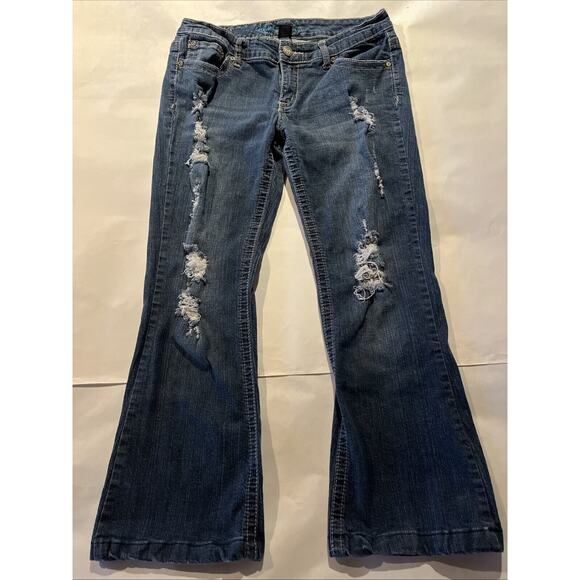 Ariya Jeans Women’s 11/12 Blue Boot Cut Denim Flap Pockets 29x27 Distressed - Picture 2 of 13